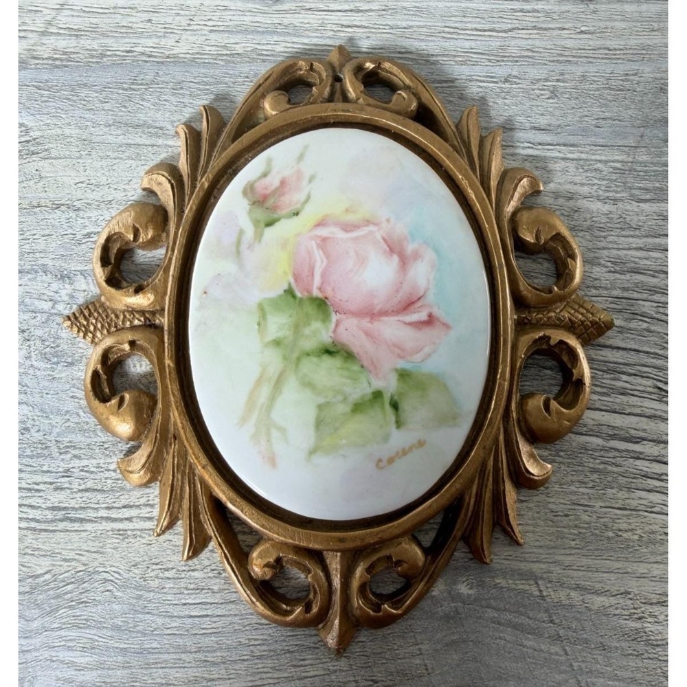 Vtg Cottage Core Pink Rose Ceramic Wall Decor Ornate Frame Hand Painted Signed